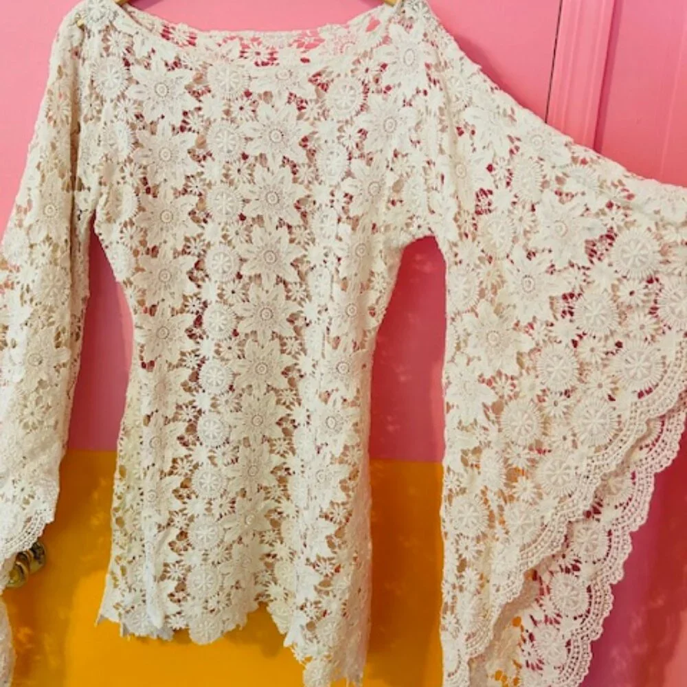 Elmwood Textiles (Etsy) Bell Sleeve Vintage Lace Mini Dress - M - Picture 3 of 7